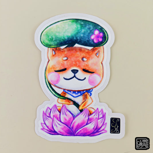 Sticker vinyle Shiba sur un lotus (chien) – méditation zen - papeterie kawaii