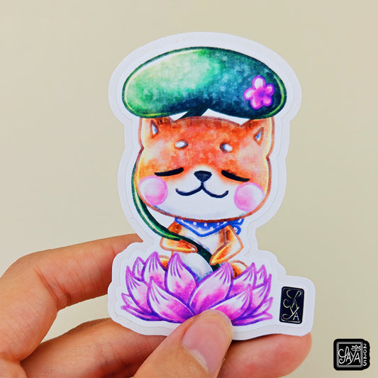 Sticker vinyle Shiba sur un lotus (chien) – méditation zen - papeterie kawaii