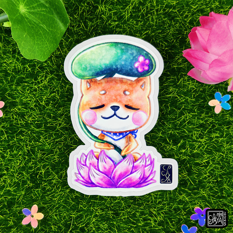 Sticker vinyle Shiba sur un lotus (chien) – méditation zen - papeterie kawaii