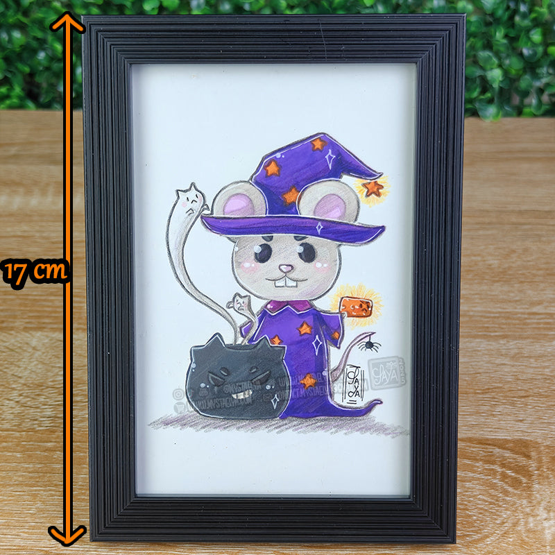 Halloween Mouse 🎃 - Witch, wizard & magic cauldron — Framed original illustration