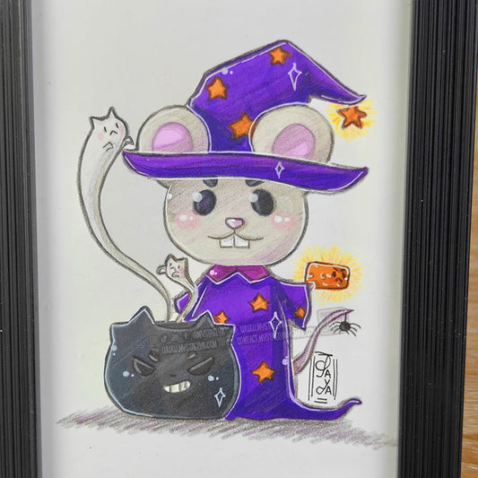 Halloween Mouse 🎃 - Witch, wizard & magic cauldron — Framed original illustration