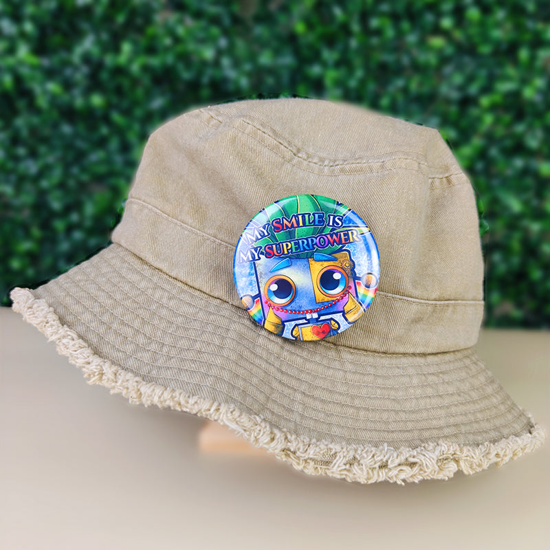 Badge 58mm "My smile is my superpower" – Sparky et son sourire - Kawaii fantasy arc-en-ciel (La Clairière des Âmes ferrées)