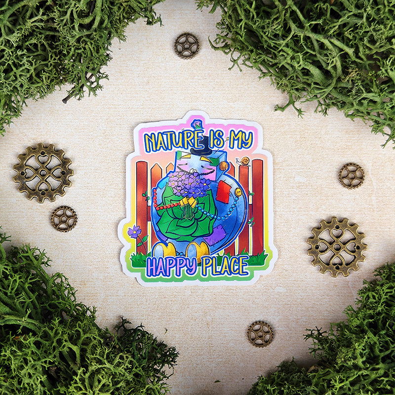 Sticker Oliver "Nature is my happy place" - Sticker vinyle kawaii - Nature & Bien-être (La Clairière des Âmes Ferrées)