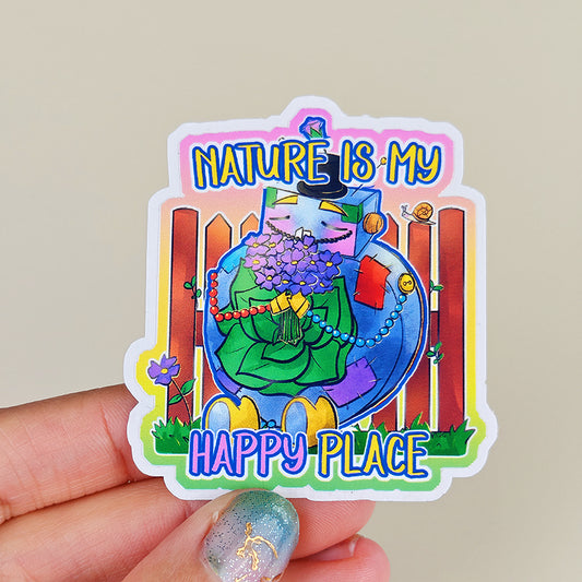 Sticker Oliver "Nature is my happy place" - Sticker vinyle kawaii - Nature & Bien-être (La Clairière des Âmes Ferrées)